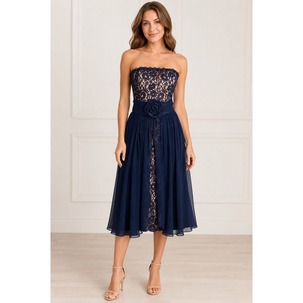 Vintage Strapless Lace Chiffon Midi Dress Navy Blue Deadstock NWT Sz 6